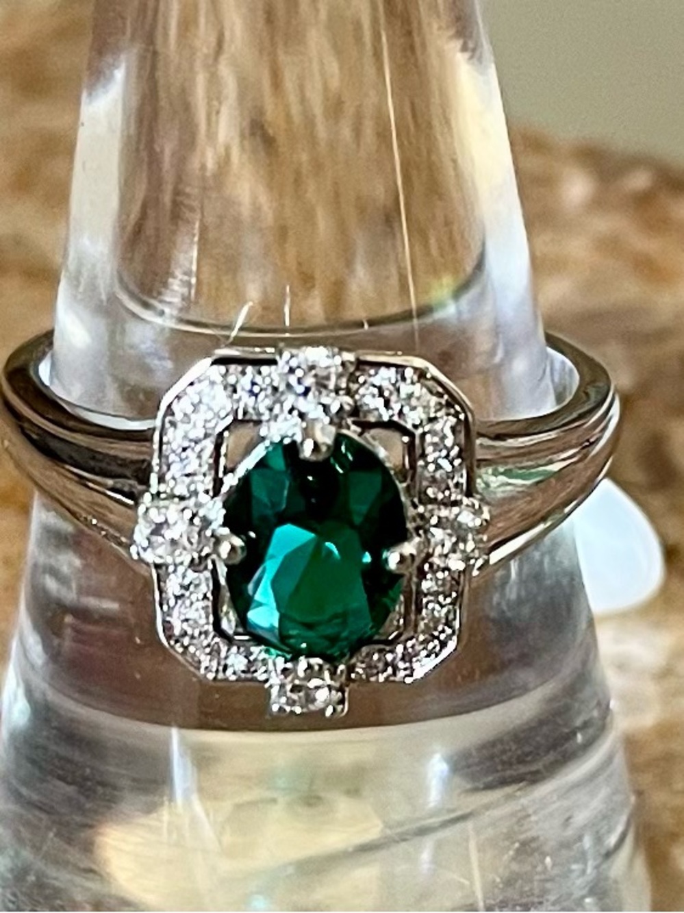 BP Retro RBP2895 Emerald Green Halo Statement Ring in Shiny Rhodium Plating HTF
